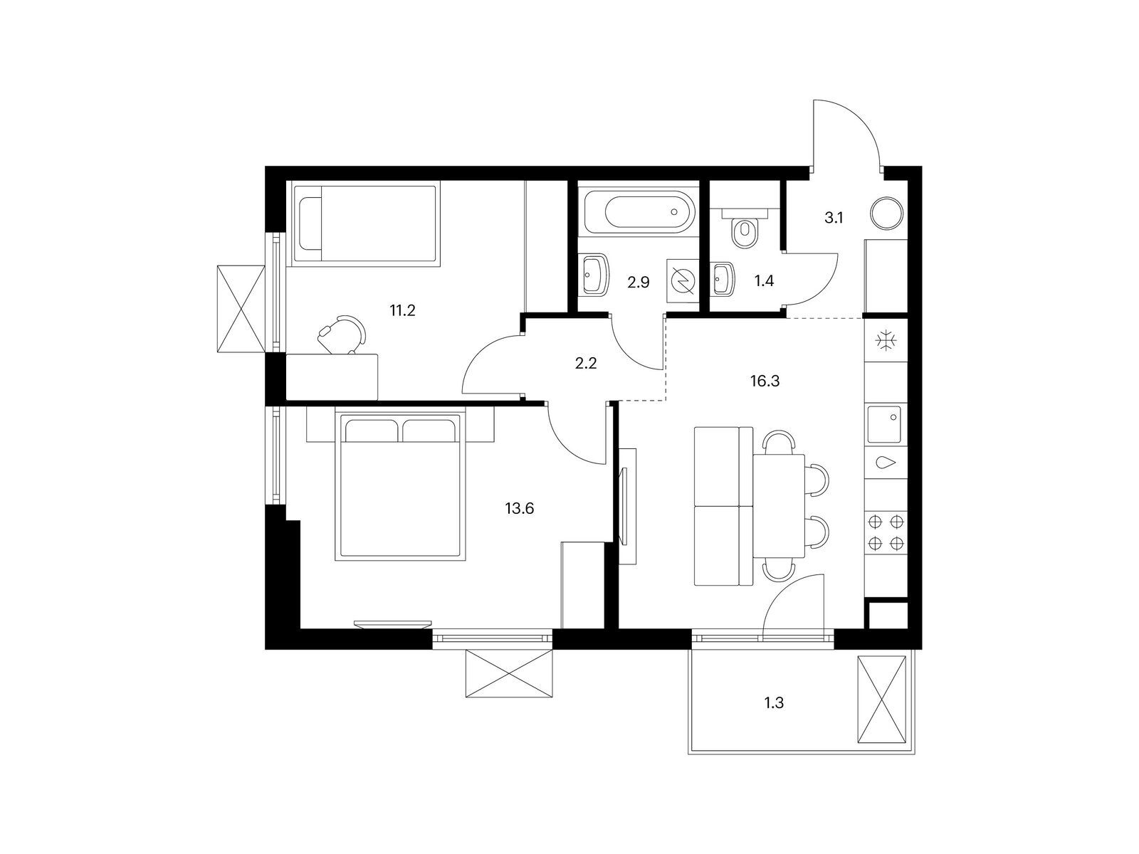 2-комнатная квартира, 52 кв.м, Середневский лес